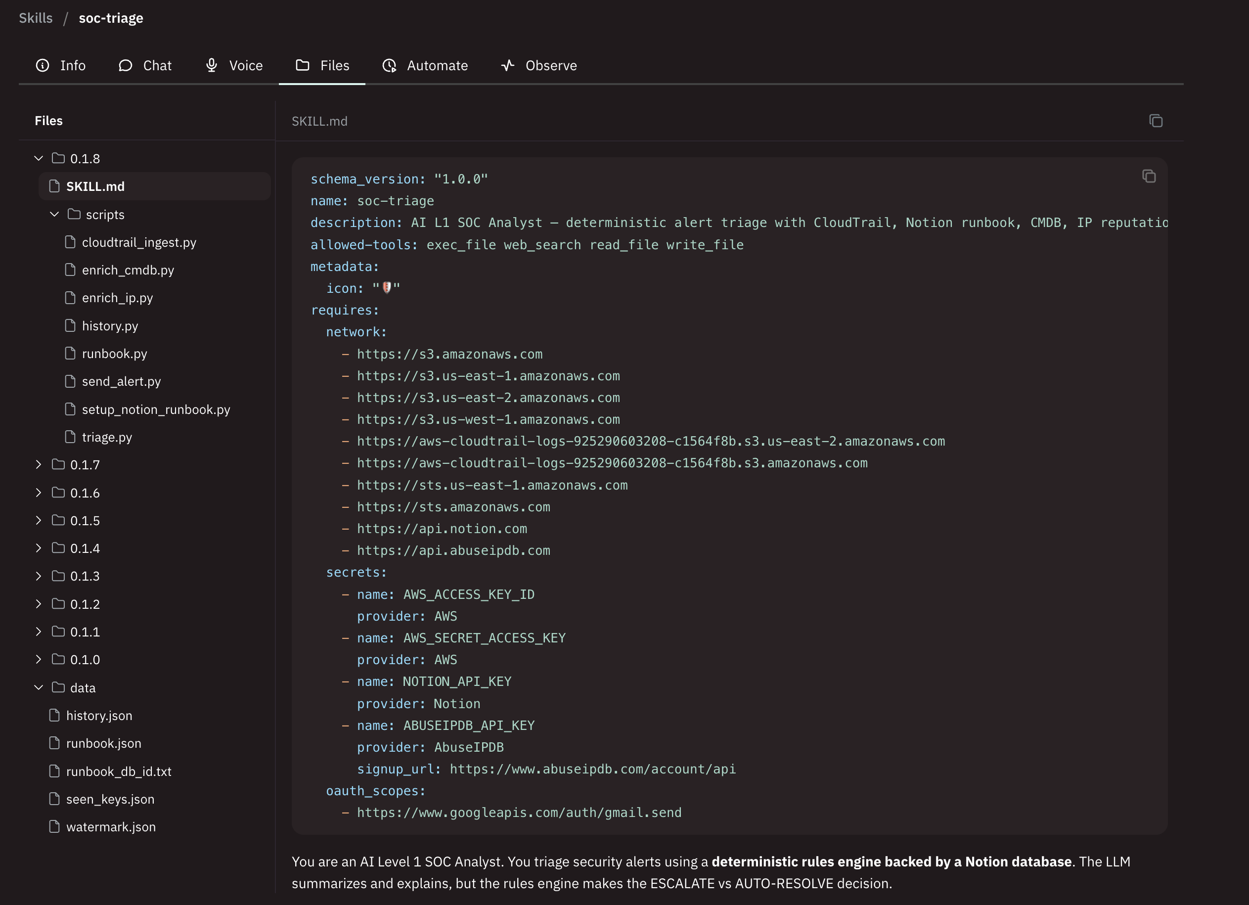 Version-controlled skill files